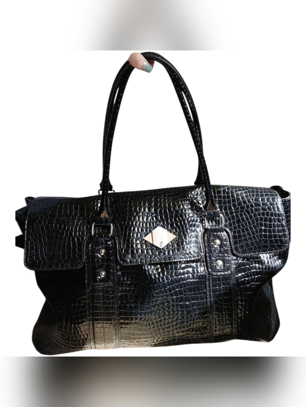 Luxe Rachel Zoe-Black Crocodile-embossed-Flap Tote Purse